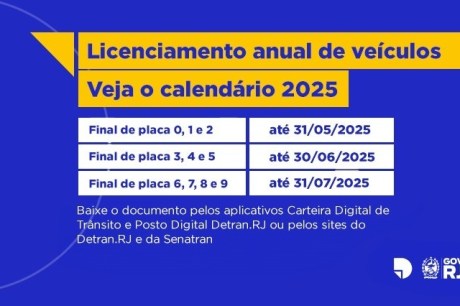 Detran.RJ divulga calendário anual de licenciamento de veículos em 2025